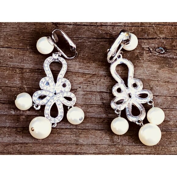 Silver Tone Bow Chandelier Clip On Earrings with Faux Pearls and Rhinestones - Picture 4 of 4